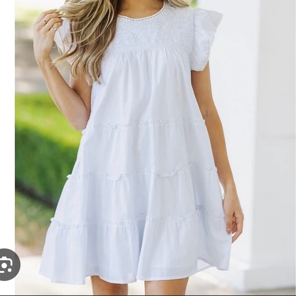 J. Marie White Tiered Lace Yoke Women's Dress Sz S